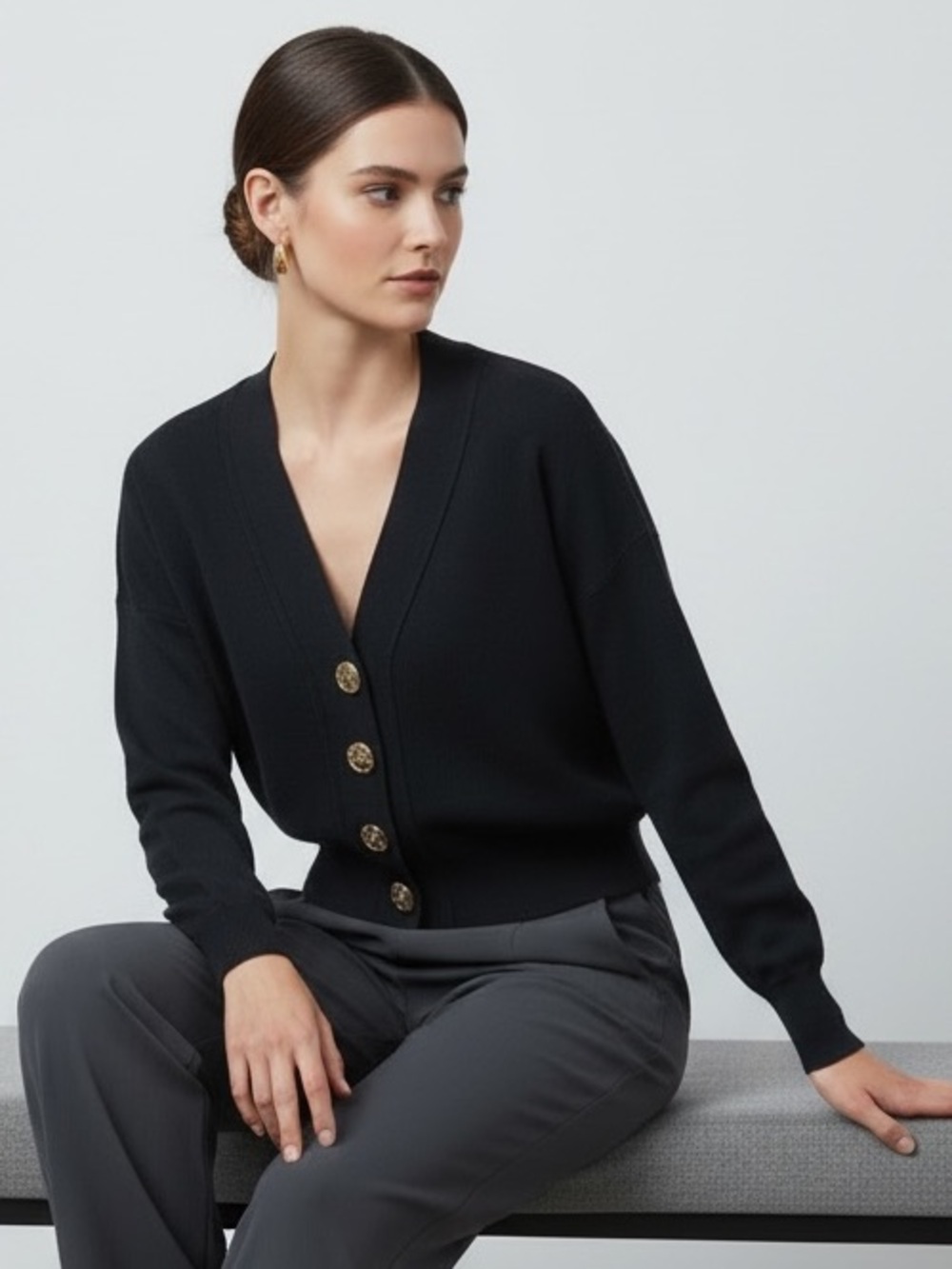 1652 • Black Rayon Blend V Neck Cardigan w/Crumpled Gold Buttons